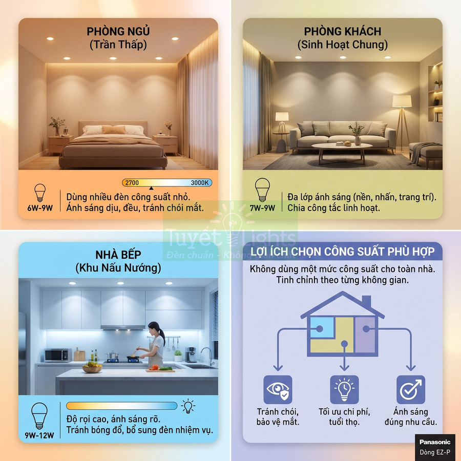 Hướng dẫn chọn công suất đèn LED Panasonic EZ P cho phòng ngủ, phòng khách, nhà bếp và lợi ích ánh sáng phù hợp