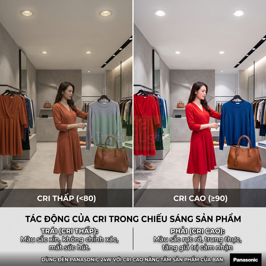 So sánh ánh sáng CRI thấp và CRI cao của đèn Panasonic 24W trong cửa hàng thời trang, làm nổi bật màu váy và áo