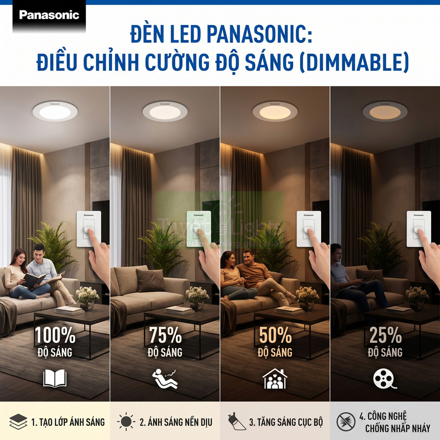 Đèn LED Panasonic dimmable điều chỉnh 4 mức độ sáng trong phòng khách hiện đại