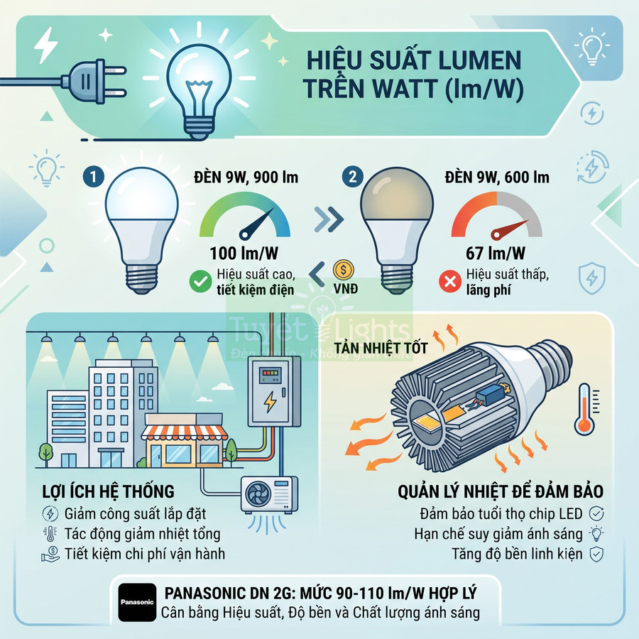 Infographic so sánh hiệu suất đèn LED Panasonic DN 2G 9W với đèn 9W thường về lumen trên watt và tản nhiệt