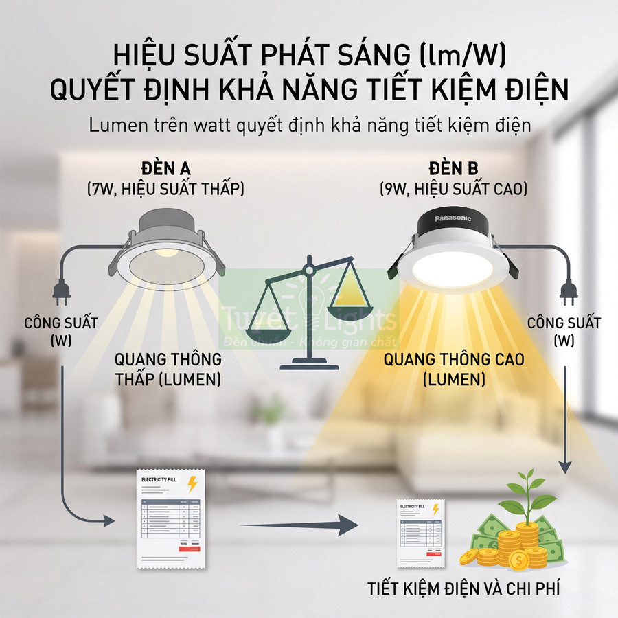 Đèn âm trần Panasonic hiệu suất cao tiết kiệm điện so với đèn thường, cho quang thông lớn và giảm chi phí điện