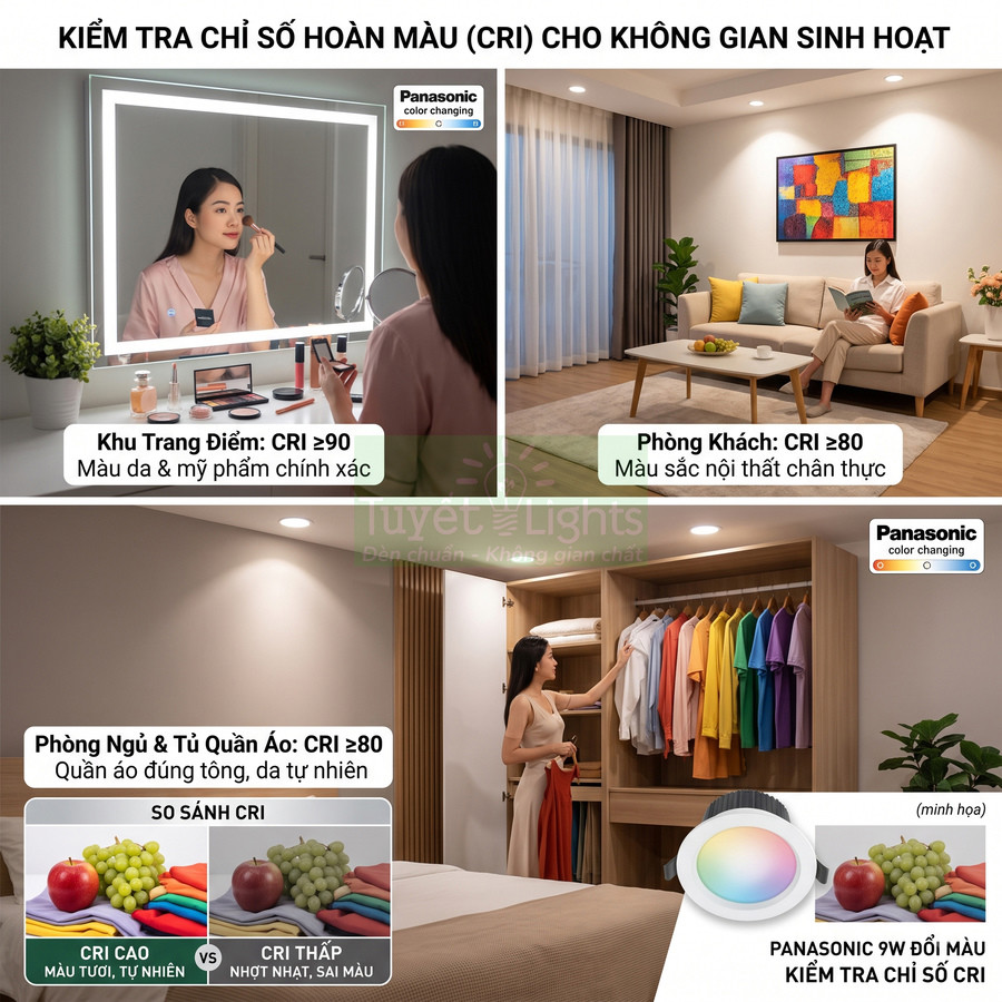 Đèn LED Panasonic đổi màu CRI cao cho bàn trang điểm, phòng khách và tủ quần áo, tái hiện màu sắc trung thực