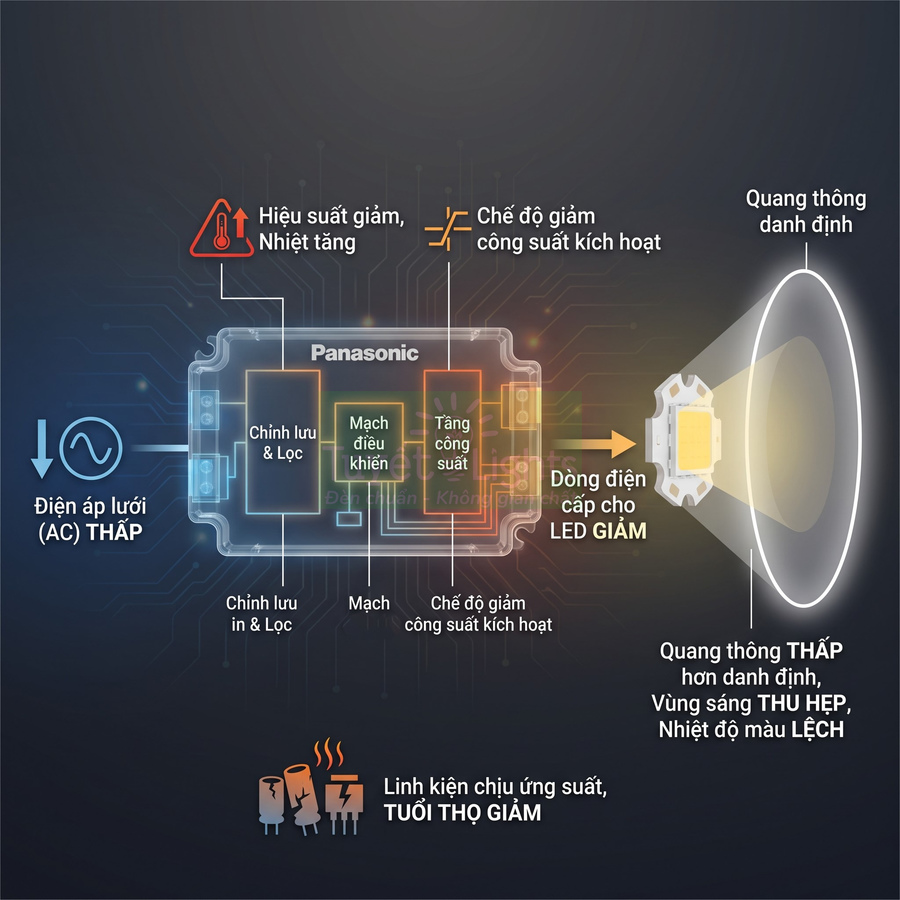 Sơ đồ cấu tạo driver đèn LED Panasonic và ảnh hưởng điện áp thấp đến hiệu suất, tuổi thọ và quang thông