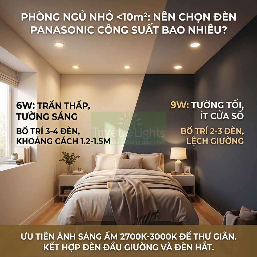 Phòng ngủ nhỏ lắp đèn âm trần Panasonic 6W và 9W ánh sáng vàng ấm, kết hợp đèn đầu giường tạo không gian thư giãn