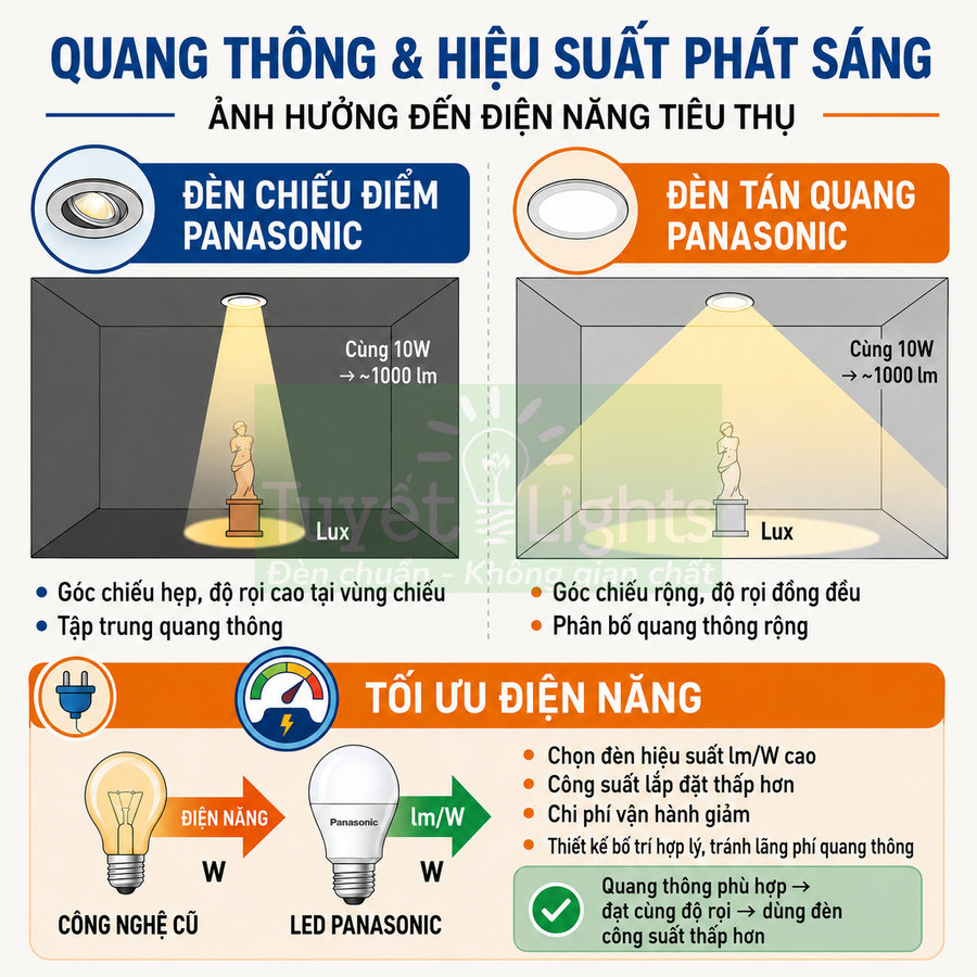 So sánh đèn chiếu điểm Panasonic và đèn tán quang Panasonic, tối ưu điện năng với bóng LED Panasonic