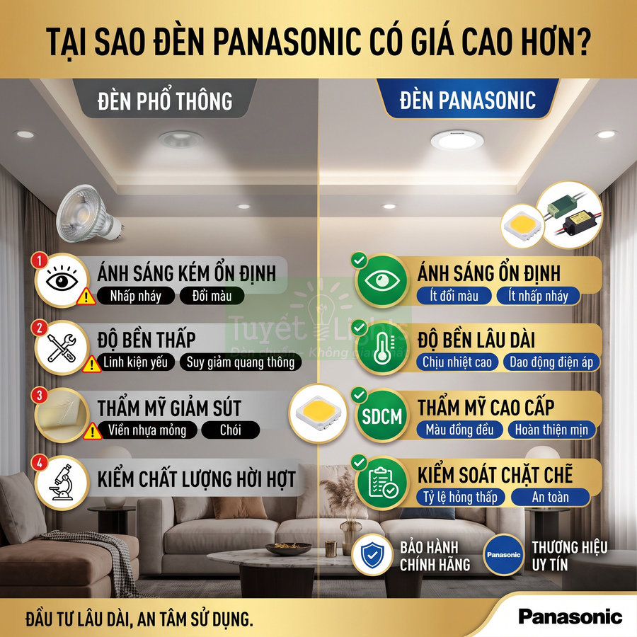 So sánh đèn Panasonic cao cấp với đèn phổ thông về ánh sáng, độ bền, thẩm mỹ và kiểm soát chất lượng