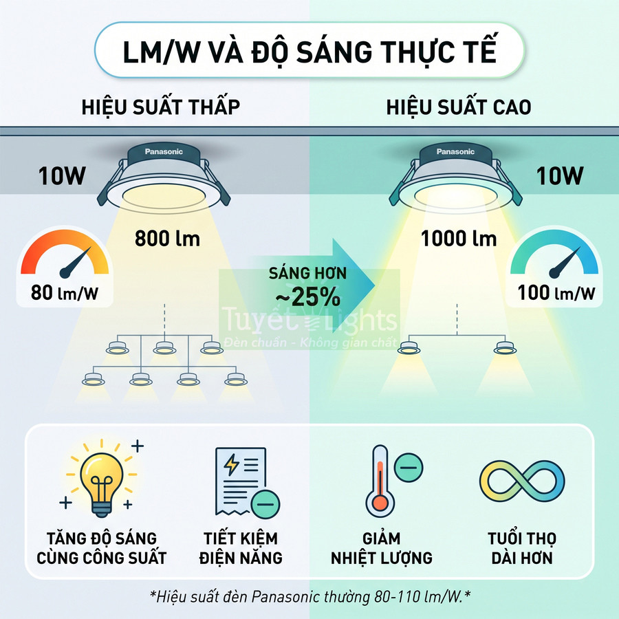 So sánh đèn LED âm trần Panasonic 10W hiệu suất thấp 80 lmW và hiệu suất cao 100 lmW, độ sáng 800 và 1000 lumen