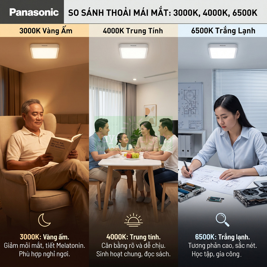 Đèn trần Panasonic so sánh ánh sáng 3000K vàng ấm, 4000K trung tính và 6500K trắng lạnh cho các không gian sống