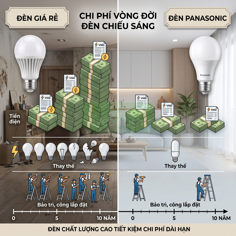 So sánh chi phí vòng đời đèn LED giá rẻ và đèn Panasonic tiết kiệm điện, ít phải thay thế và bảo trì
