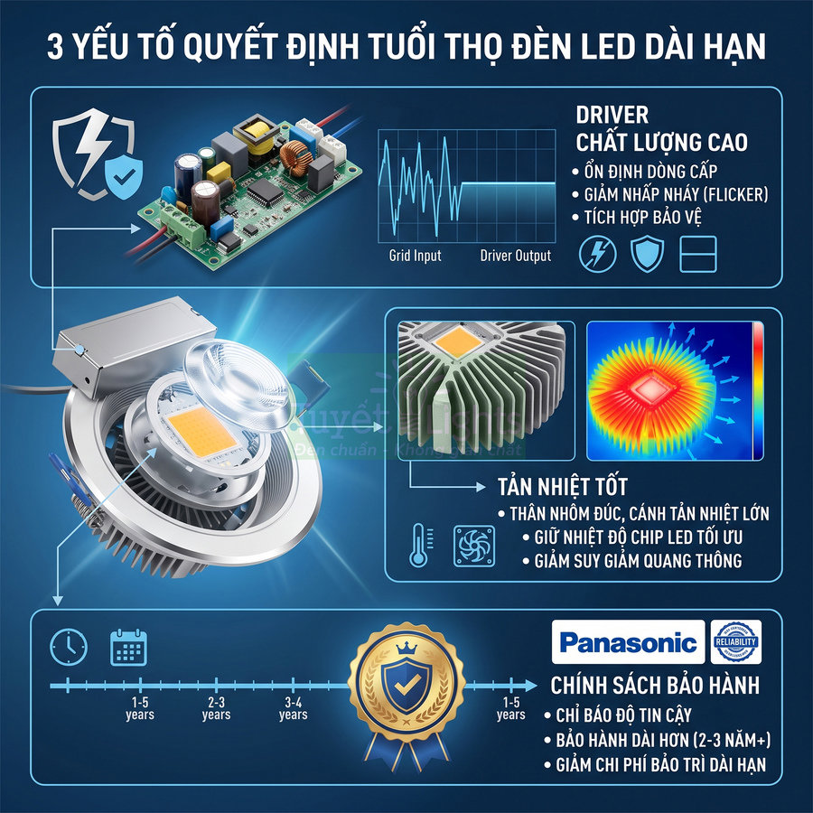 Infographic đèn LED Panasonic nêu 3 yếu tố quyết định tuổi thọ dài hạn và chính sách bảo hành