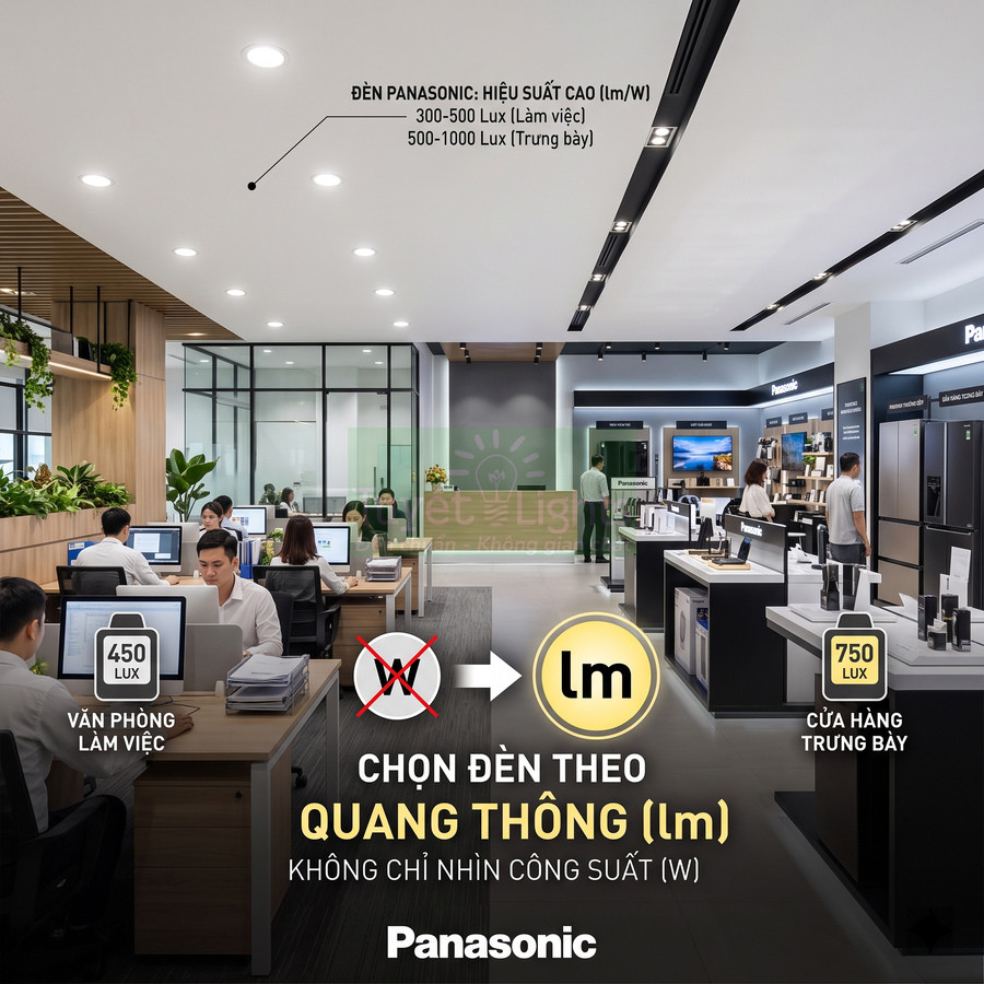 Đèn LED Panasonic chiếu sáng văn phòng và cửa hàng trưng bày với độ rọi phù hợp theo quang thông lm