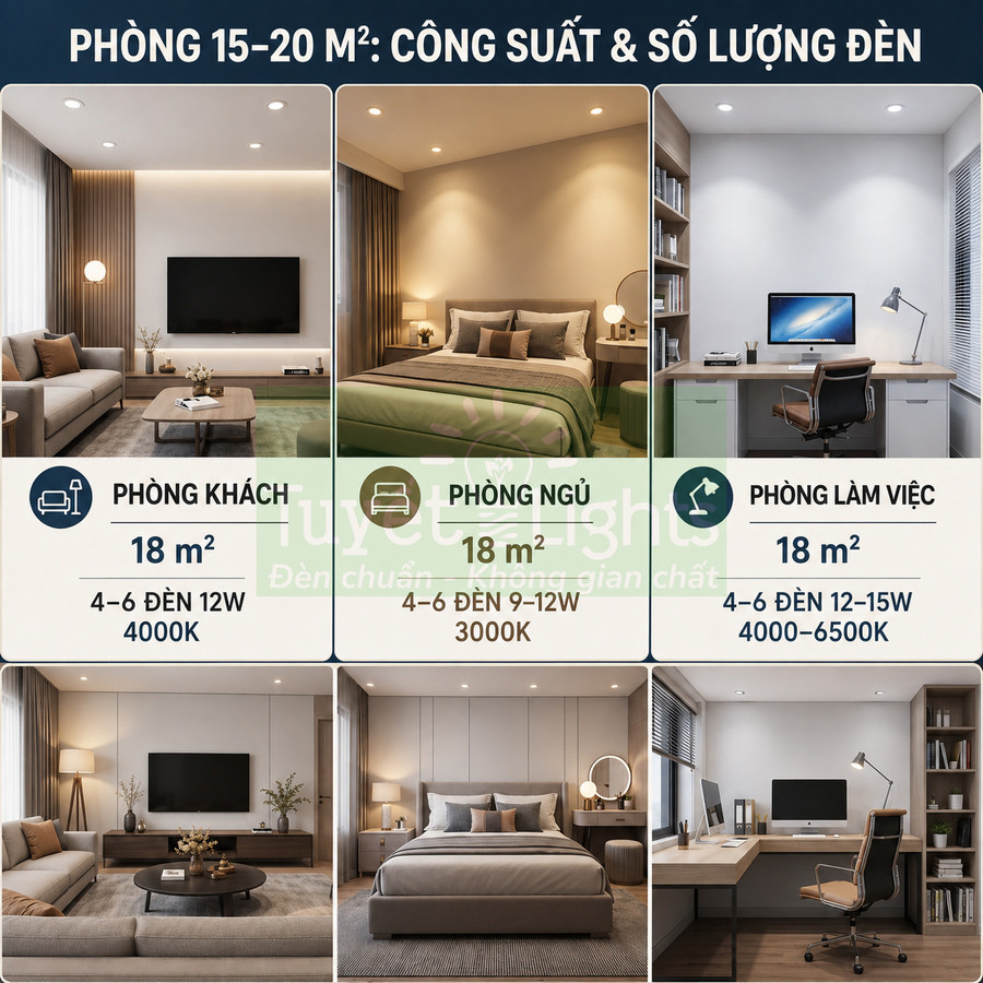Gợi ý số lượng và công suất đèn LED trần cho phòng khách, phòng ngủ, phòng làm việc 18m2