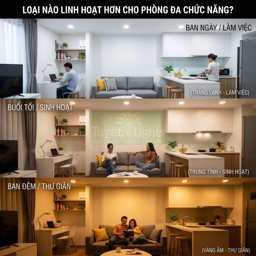 Đèn âm trần Tuyết Lights cho phòng khách liền bếp, thay đổi ánh sáng trắng trung tính vàng ấm cho làm việc và thư giãn