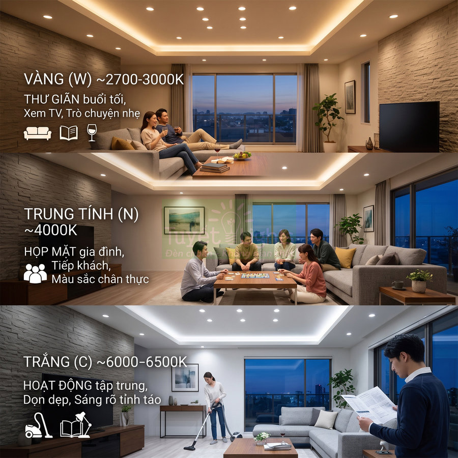 Phòng khách hiện đại với đèn trần LED đổi màu vàng, trung tính, trắng cho thư giãn, họp mặt và làm việc