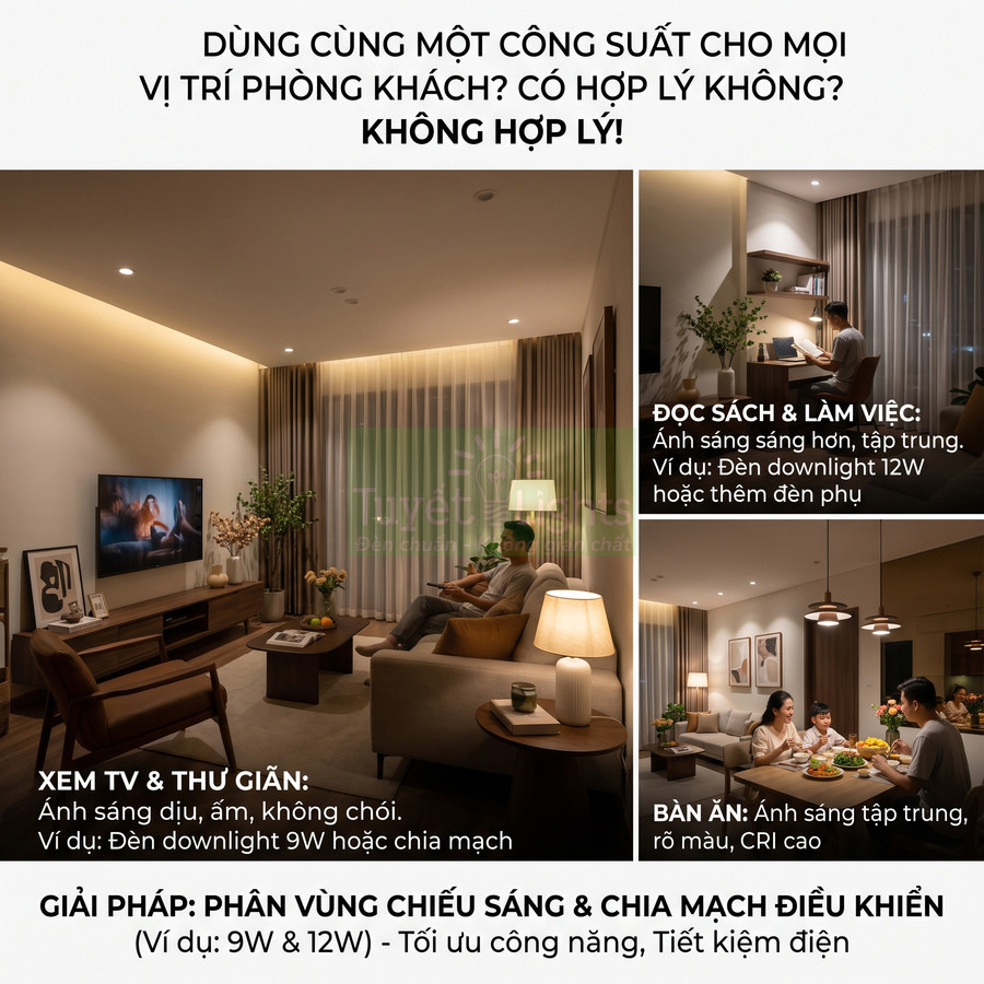 Giải pháp đèn downlight phòng khách chia vùng chiếu sáng cho xem TV, đọc sách và bàn ăn, ánh sáng ấm tiết kiệm điện