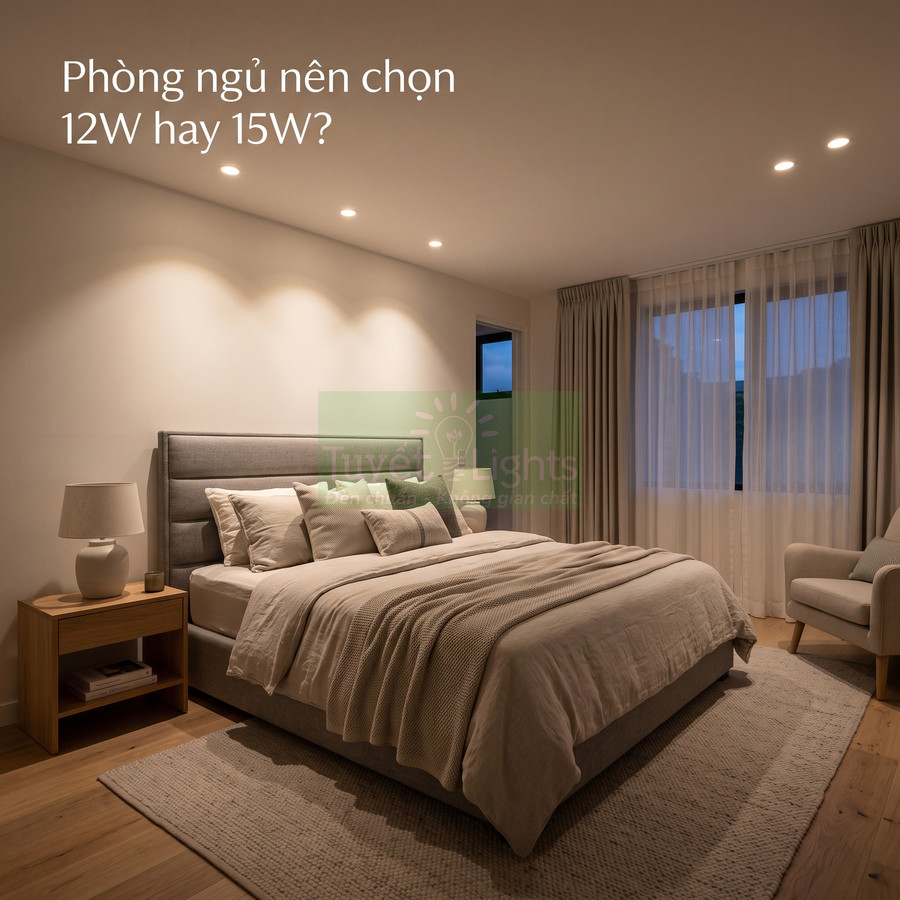 Phòng ngủ hiện đại sử dụng đèn led âm trần công suất nhỏ cho ánh sáng ấm áp thư giãn