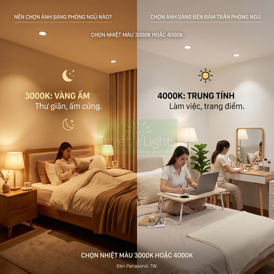 Đèn downlight Panasonic 7W ánh sáng 3000K vàng ấm và 4000K trung tính cho phòng ngủ đa chức năng