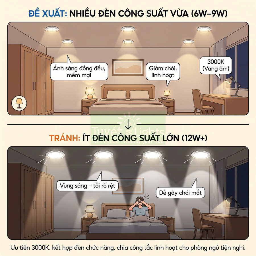 So sánh bố trí nhiều đèn âm trần công suất vừa và ít đèn công suất lớn cho phòng ngủ ánh sáng vàng 3000K