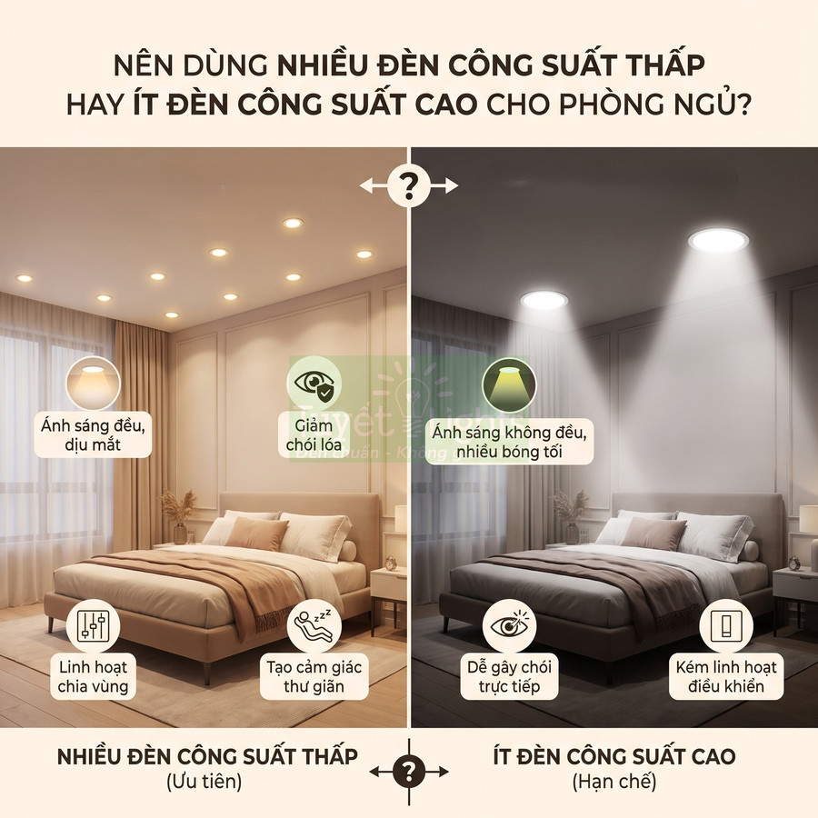 So sánh phòng ngủ dùng nhiều đèn LED công suất thấp ánh sáng dịu với ít đèn trần công suất cao ánh sáng gắt