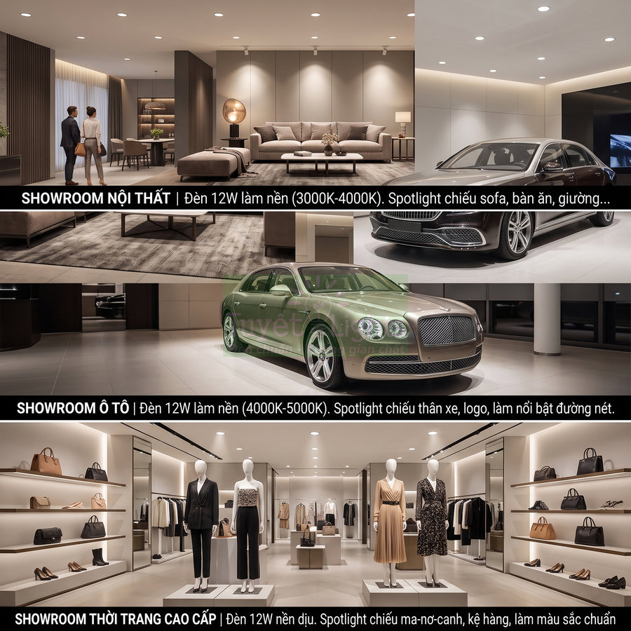 Ứng dụng đèn LED 12W chiếu sáng showroom nội thất, ô tô và thời trang cao cấp, làm nổi bật sản phẩm trưng bày