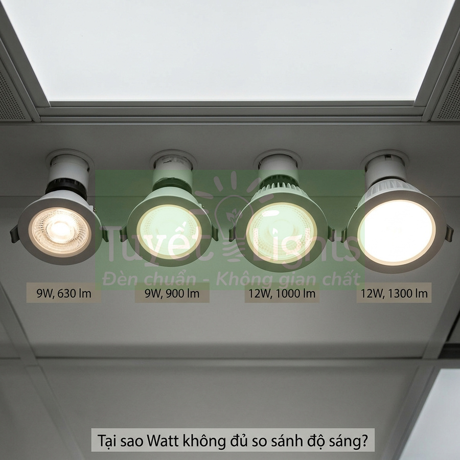 So sánh độ sáng bốn đèn LED âm trần với các mức công suất và quang thông khác nhau