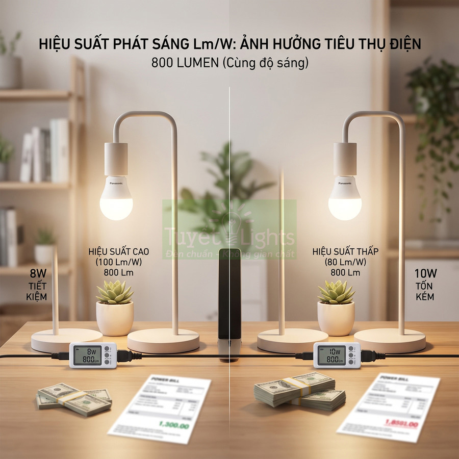 So sánh hai bóng đèn LED Panasonic hiệu suất cao 8W và hiệu suất thấp 10W với cùng độ sáng 800 lumen