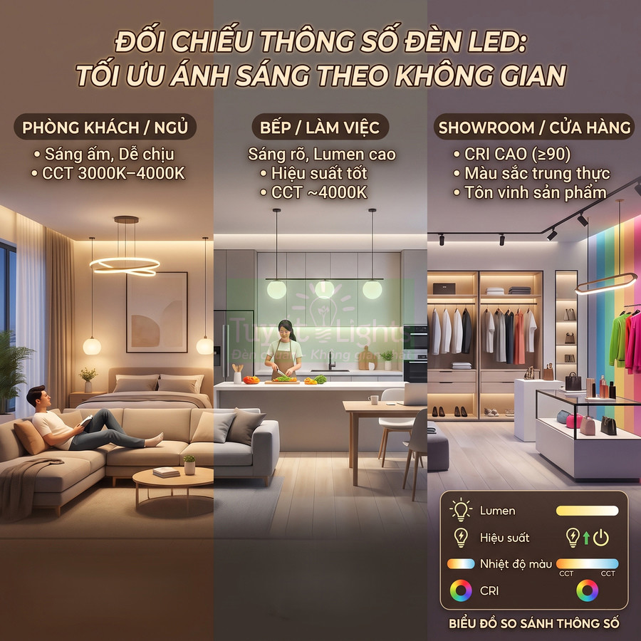 Đèn LED chiếu sáng phòng khách, bếp và showroom, minh họa cách chọn nhiệt độ màu và CRI tối ưu cho từng không gian