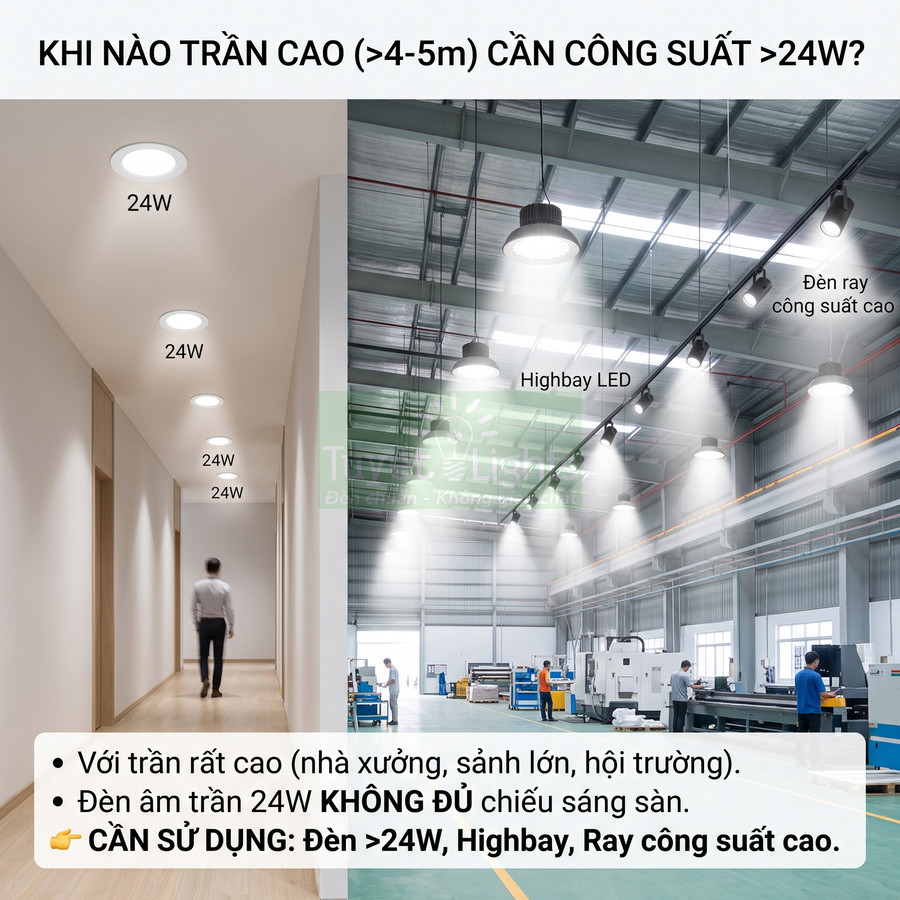 So sánh đèn âm trần 24W và đèn highbay LED, đèn ray công suất cao cho nhà xưởng trần cao