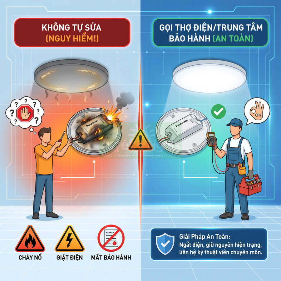 Hướng dẫn an toàn khi đèn LED Panasonic hỏng, không tự sửa mà gọi thợ điện hoặc trung tâm bảo hành