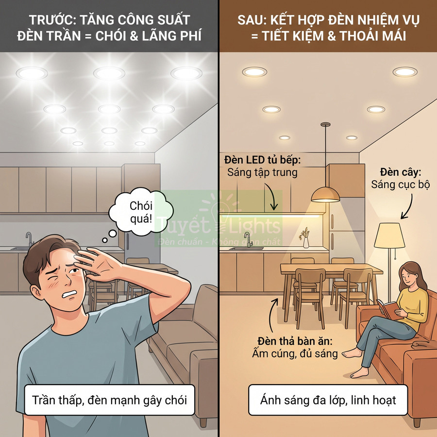 So sánh phòng khách dùng nhiều đèn trần gây chói với phòng dùng đèn LED, đèn thả, đèn cây chiếu sáng đa lớp tiết kiệm