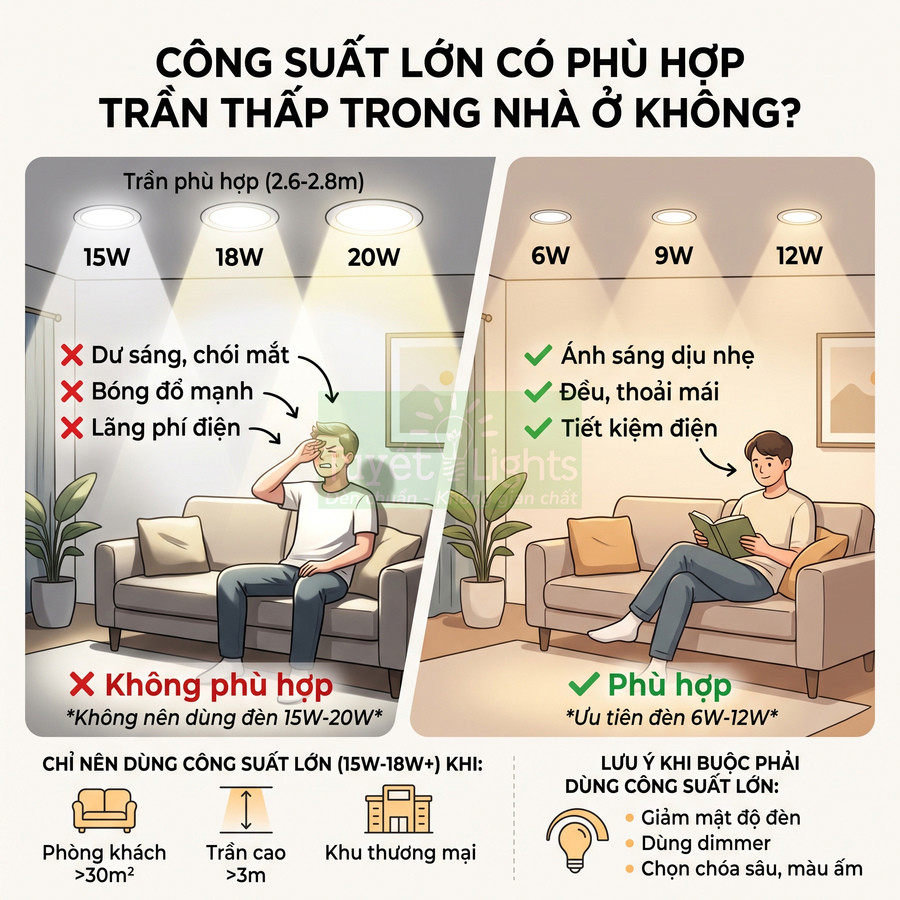 Infographic so sánh đèn LED trần công suất lớn và nhỏ cho trần nhà thấp, khuyến nghị dùng đèn 6W đến 12W