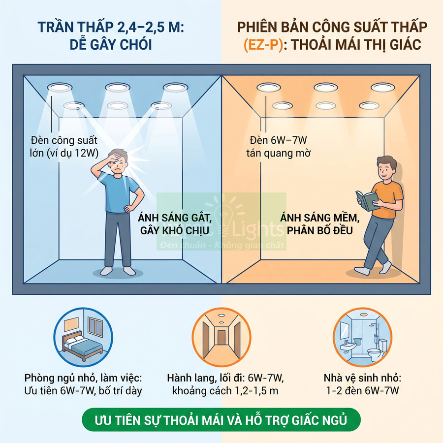 So sánh đèn trần công suất lớn gây chói với đèn LED 6W 7W tán quang cho ánh sáng mềm, dễ chịu trong phòng nhỏ
