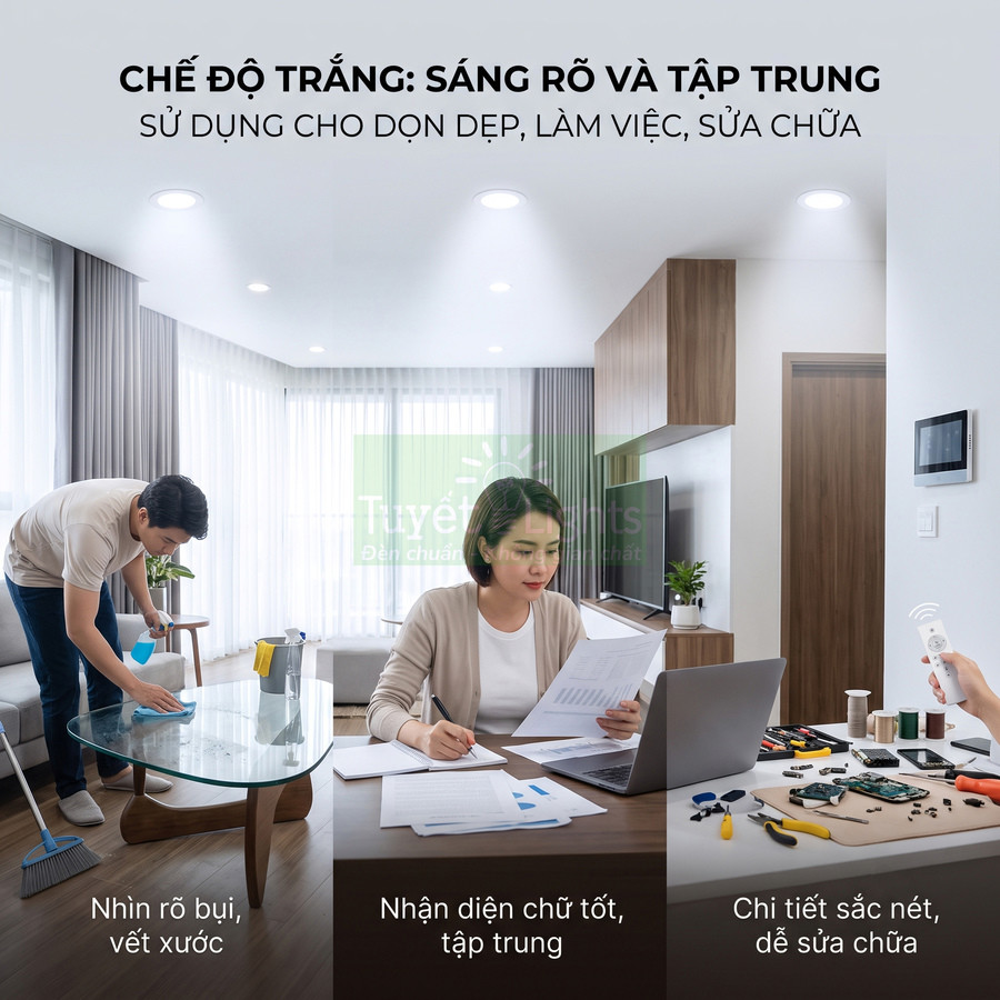 Đèn trần ánh sáng trắng cho phòng khách và bàn làm việc, giúp dọn dẹp, đọc tài liệu và sửa chữa rõ nét