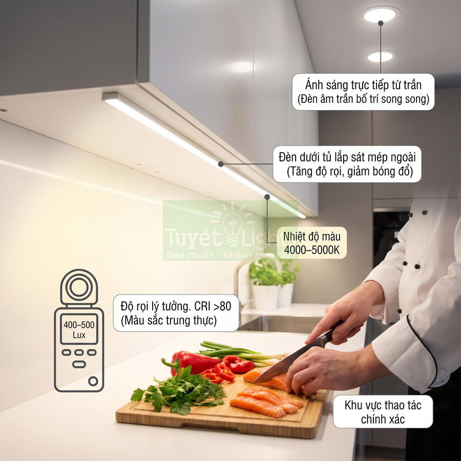 Đèn led dưới tủ bếp Tuyết Lights chiếu sáng khu vực sơ chế thực phẩm trên mặt bàn bếp