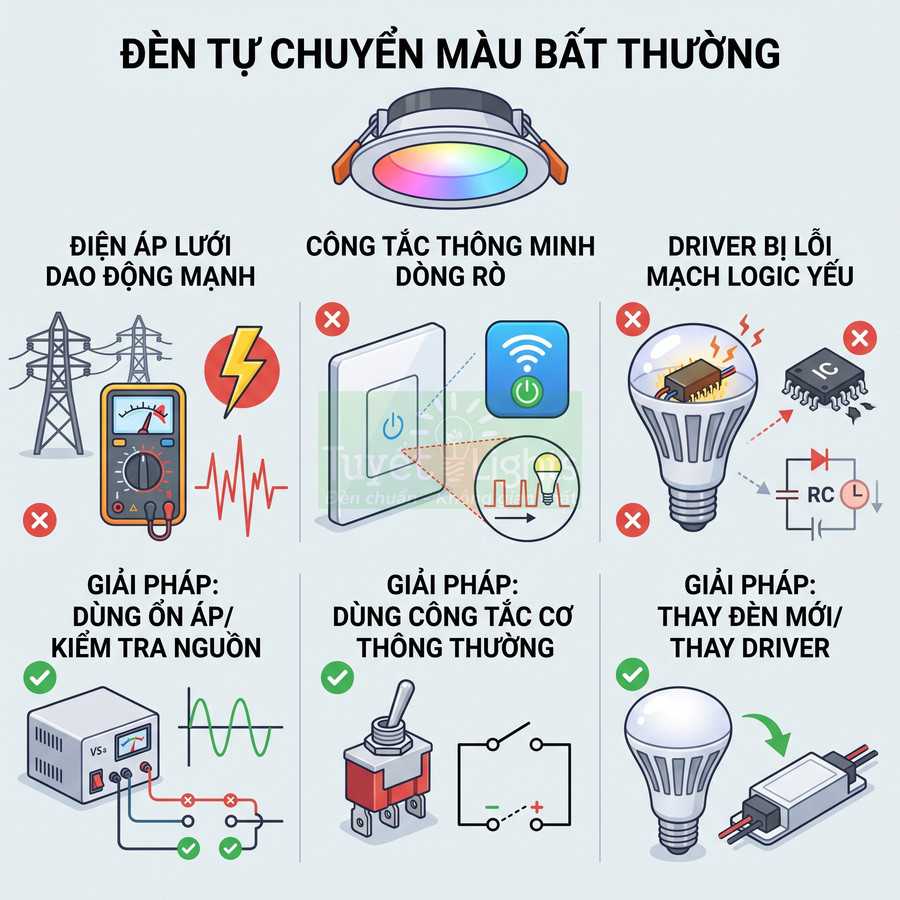 Đèn LED đổi màu bất thường và các nguyên nhân, giải pháp như dùng ổn áp, công tắc cơ, thay bóng đèn hoặc driver