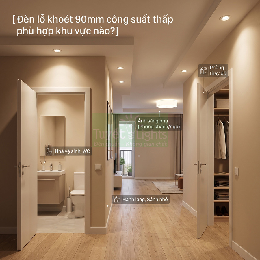 Đèn âm trần lỗ khoét 90mm chiếu sáng hành lang, phòng thay đồ và nhà vệ sinh trong căn hộ hiện đại