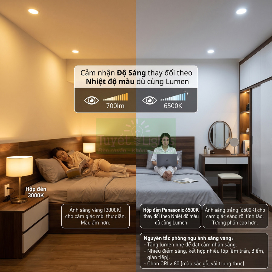 So sánh ánh sáng vàng 3000K và ánh sáng trắng 6500K của đèn LED Panasonic trong phòng ngủ hiện đại