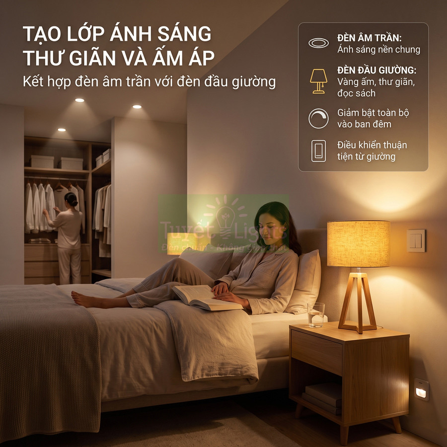 Đèn ngủ đầu giường ánh sáng vàng ấm kết hợp đèn âm trần tạo không gian phòng ngủ thư giãn