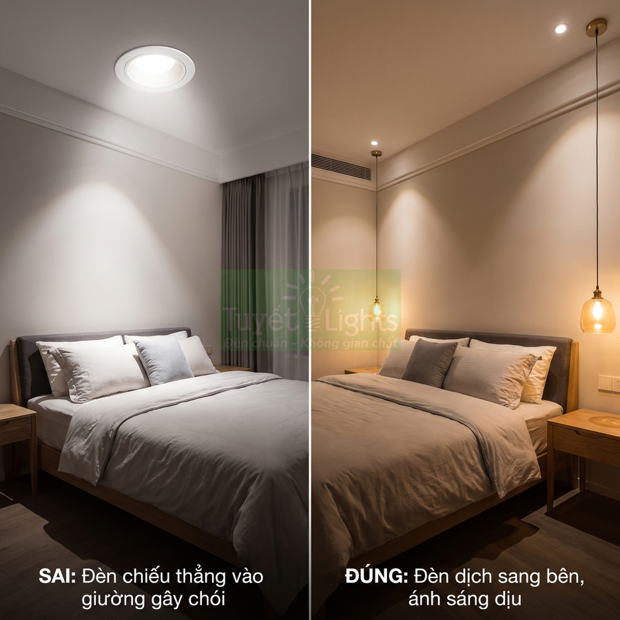 So sánh bố trí đèn trần và đèn thả đầu giường trong phòng ngủ giường đôi, ánh sáng chói và ánh sáng dịu
