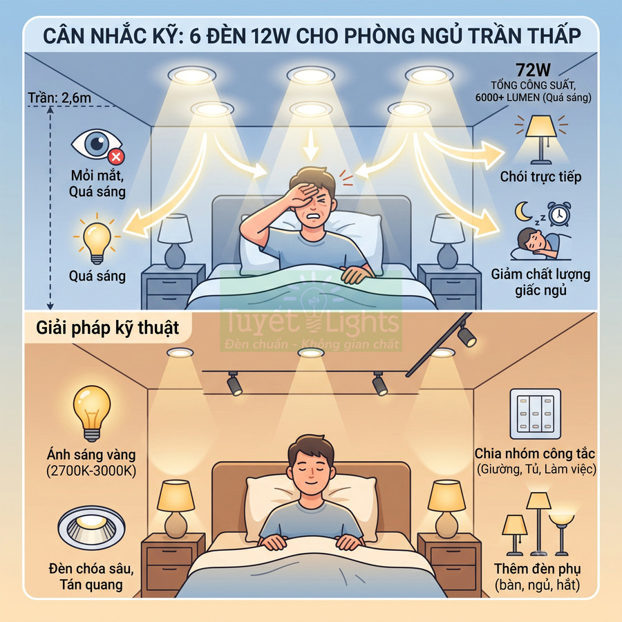 Minh họa giải pháp bố trí đèn LED và đèn ngủ ánh sáng vàng cho phòng ngủ trần thấp giúp ngủ ngon hơn