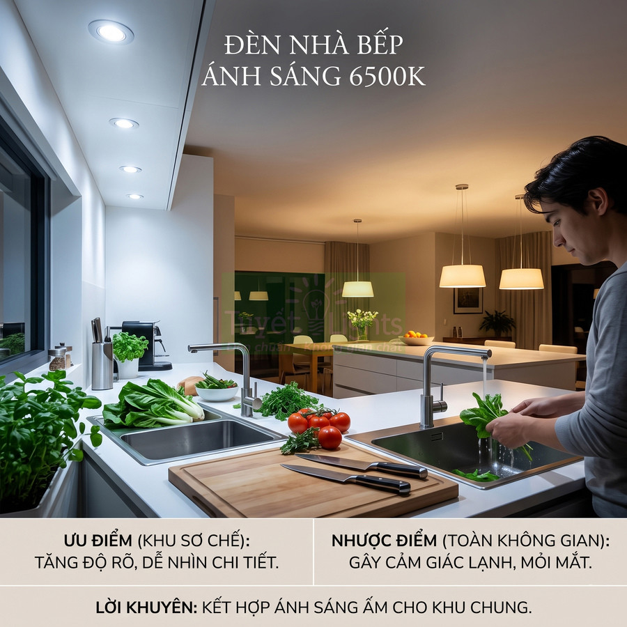 Đèn âm trần ánh sáng trắng 6500K chiếu sáng khu bếp hiện đại với bàn đảo và rau củ tươi