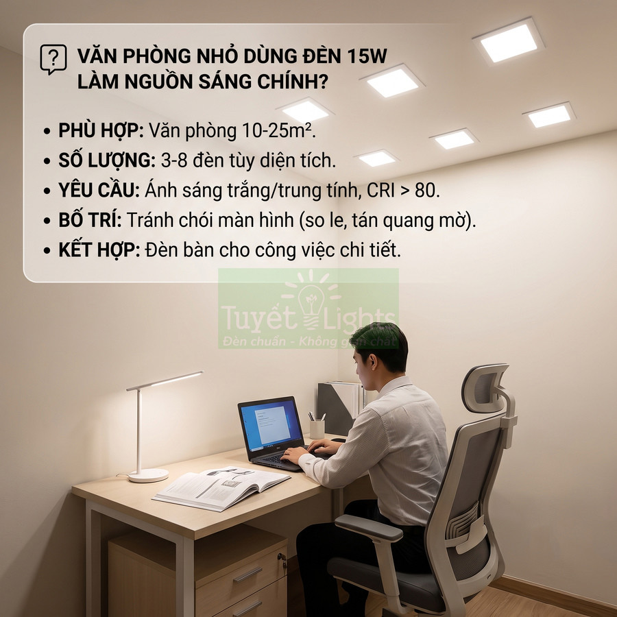 Đèn âm trần 15W Tuyết Lights chiếu sáng văn phòng nhỏ với bàn làm việc và đèn bàn LED