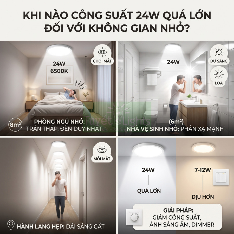Đèn trần LED 24W ánh sáng trắng quá chói cho phòng ngủ nhỏ, nhà vệ sinh, hành lang hẹp và gợi ý dùng công suất thấp hơn