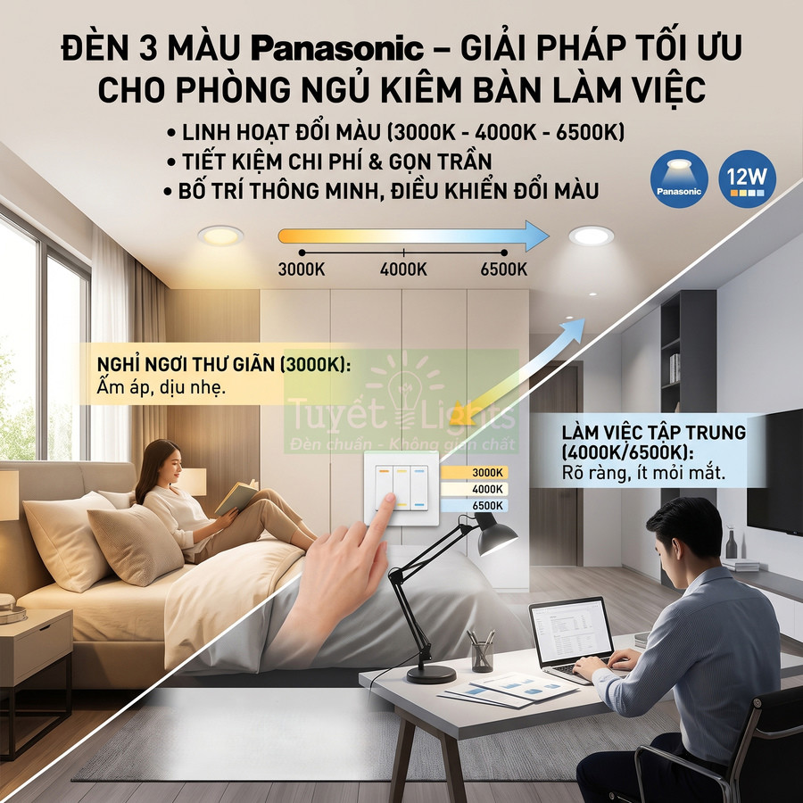 Đèn trần 3 màu Panasonic 12W cho phòng ngủ kiêm bàn làm việc, điều chỉnh 3000K 4000K 6500K bằng công tắc tường