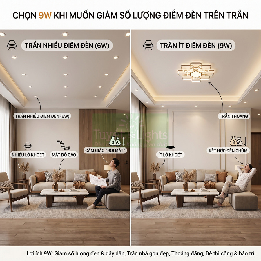 So sánh trần phòng khách dùng nhiều đèn âm trần 6W và ít đèn âm trần 9W kết hợp đèn chùm