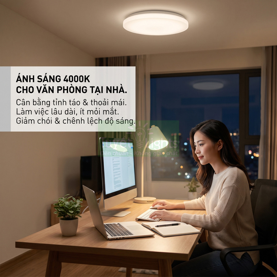 Đèn trần LED ánh sáng 4000K chiếu sáng bàn làm việc tại nhà giúp làm việc lâu dài không mỏi mắt