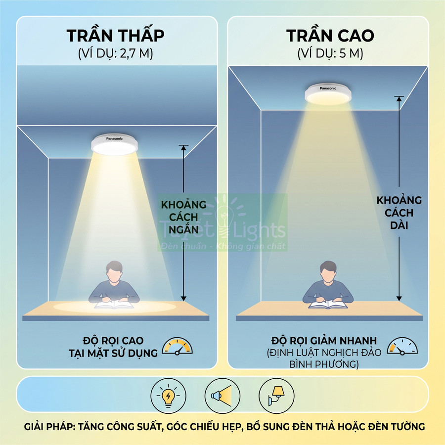 So sánh độ rọi đèn trần Panasonic cho trần thấp và trần cao khi chiếu sáng bàn học
