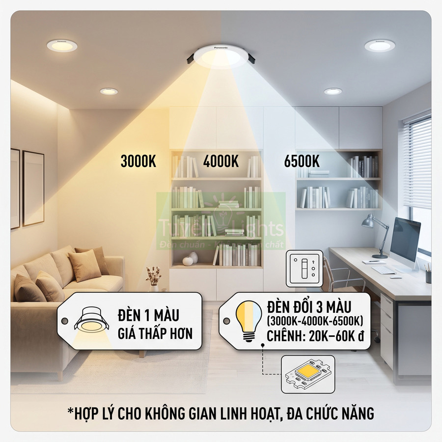 Đèn trần Panasonic đổi 3 màu 3000K 4000K 6500K chiếu sáng phòng khách và góc làm việc linh hoạt