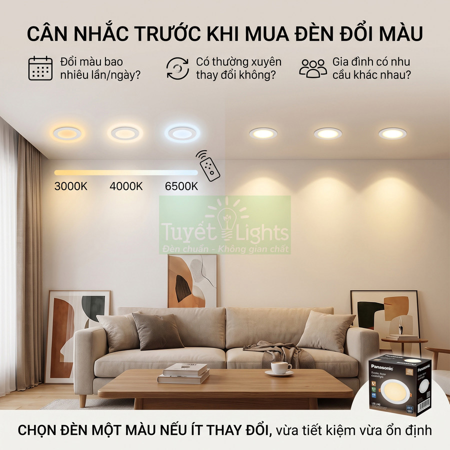 Đèn LED âm trần Panasonic đổi màu 3000K 4000K 6500K lắp trong phòng khách hiện đại