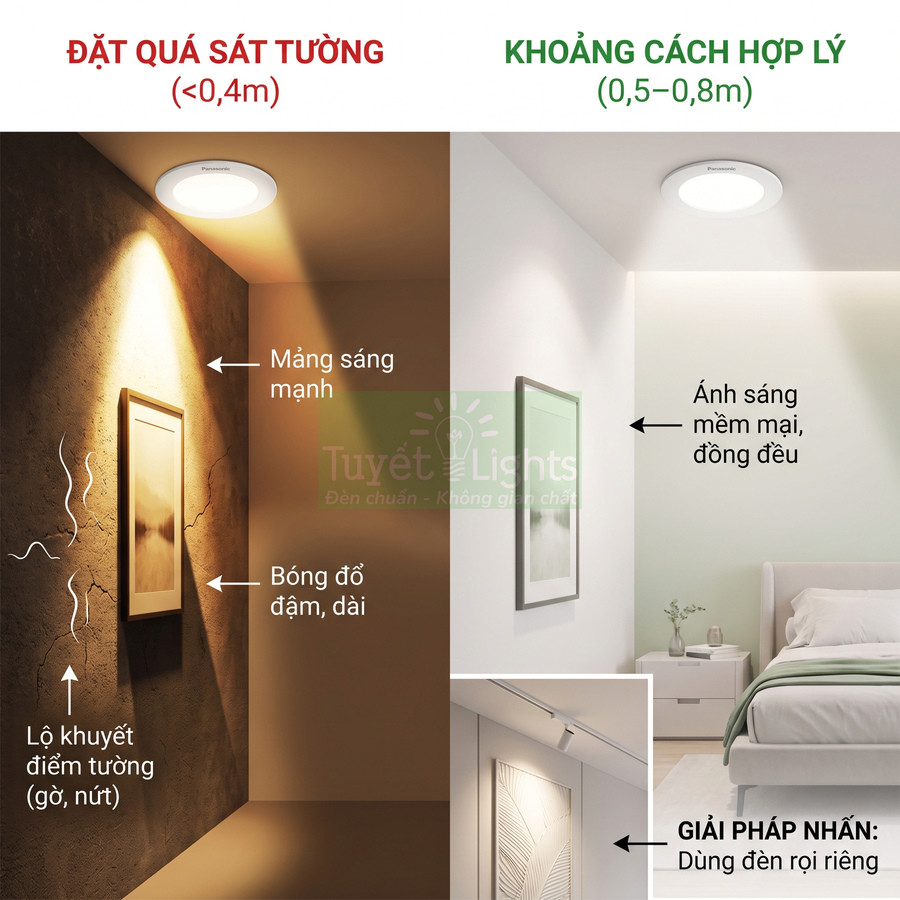 Đèn ốp trần Panasonic chiếu sáng phòng ngủ, so sánh lắp sát tường và khoảng cách hợp lý